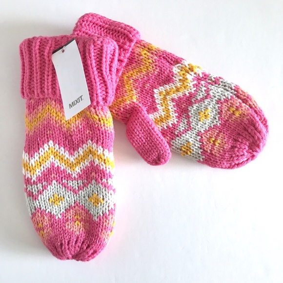 Mixit Fair Isle Pattern Scarf Hat Gloves Pink Gold Grey White - Picture 6 of 13